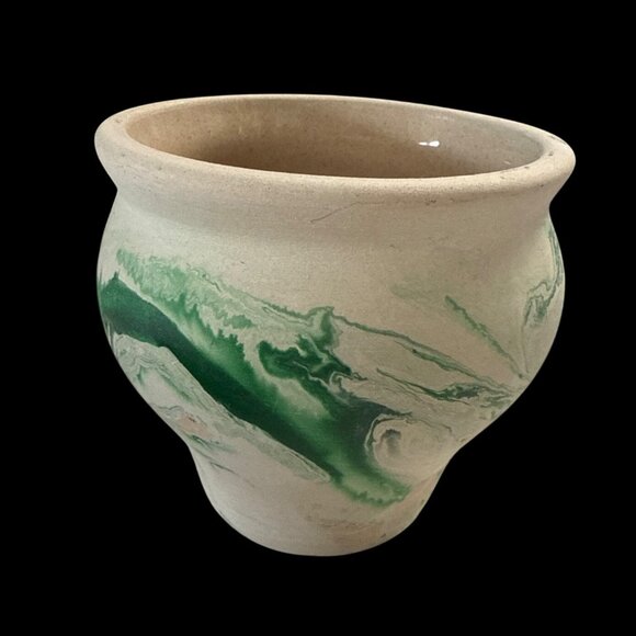 Nemadji USA Pottery  Green Swirl 5” Planter Glazed Interior Unglazed Exterior - Picture 1 of 5